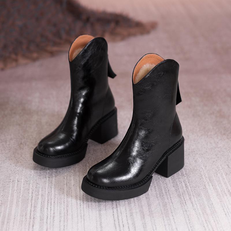 Fashion 2025 Winter New Women Boots Women Shoes Round Toe Square Heel Real Wool Thick Heel Short Boots Solid Color Womens Platform Heels