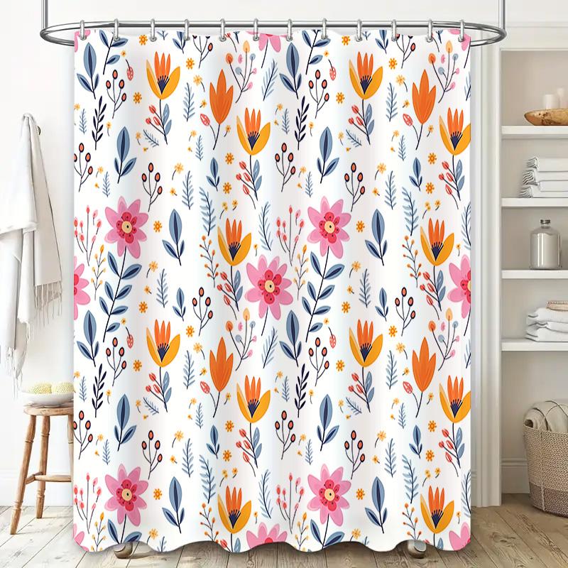 Bright Floral Shower Curtain Waterproof Fabric Bathroom Decor Pink Blue Yellow Orange Red White Pattern Modern Style
