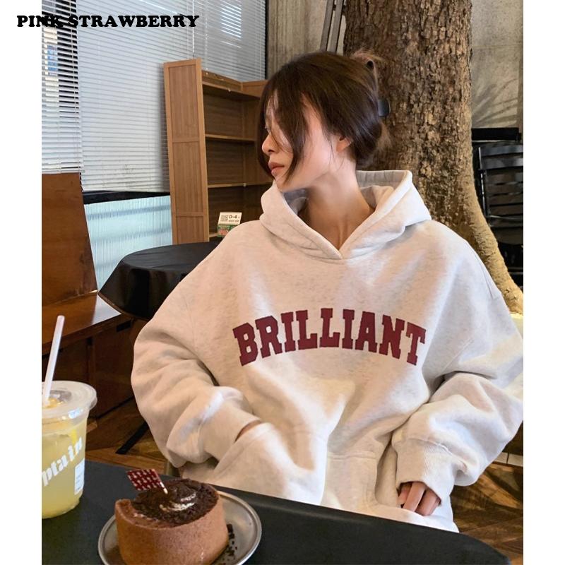 Oversize White Gray Hoodie Women Autumn Winter 2025 New American Style Long Sleeves Pullover Sweatshirt Y2K Tops Ladies Clothing