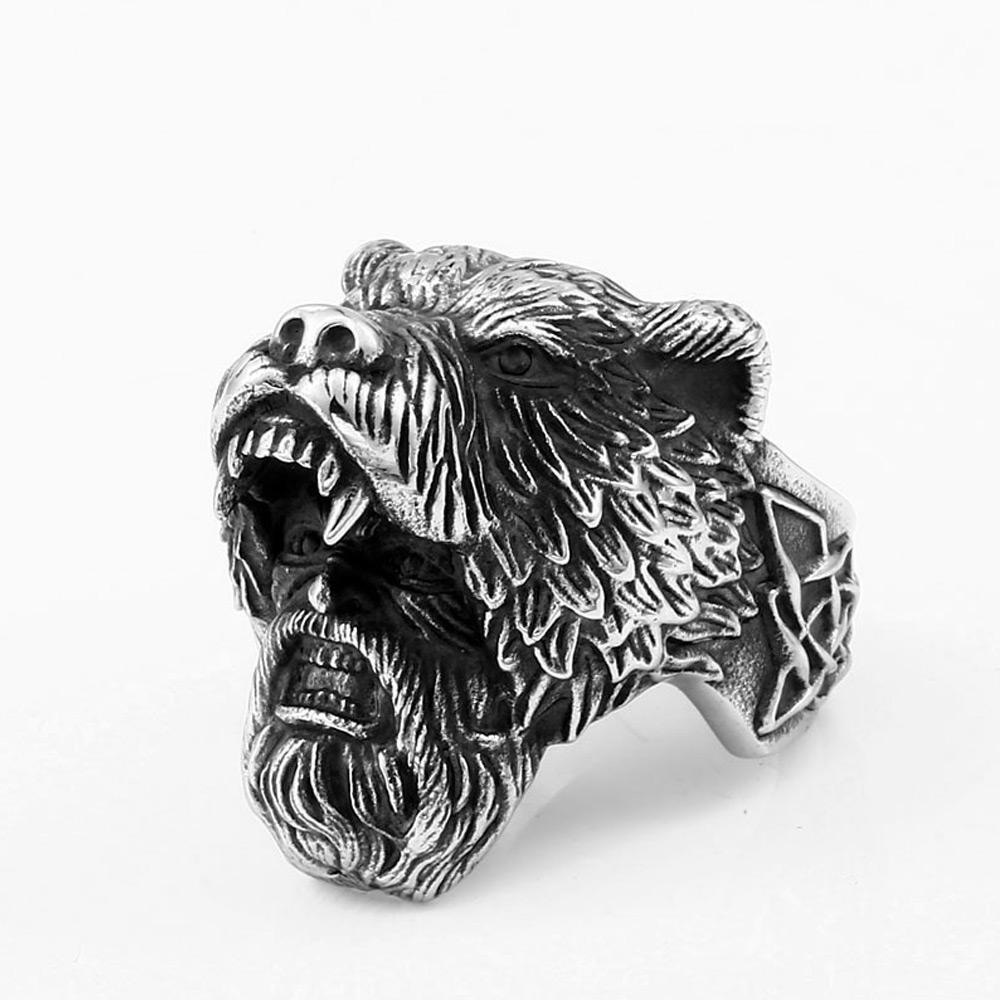 Retro Bear Warrior Viking Rings for Men Silver Stainless Steel Nordic Viking Ring Punk Biker Jewelry Size 7-15 7 белый