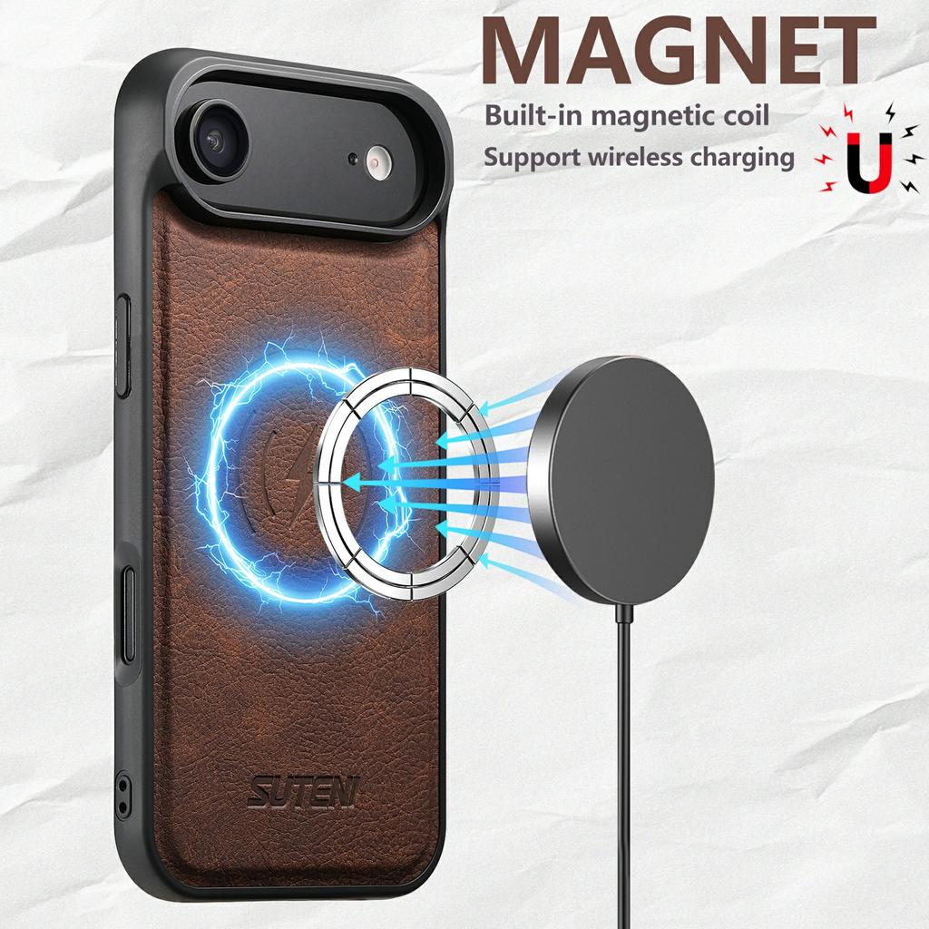 SUTENI G5 For iPhone 17 Air Case Compatible with MagSafe Litchi Texture Leather Back Cover