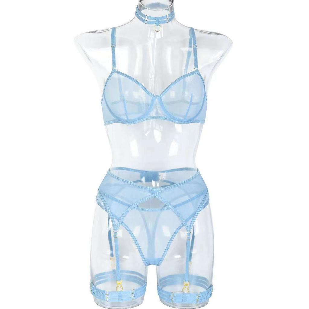 New Women's Clothing Fashionable and Sexy Underwear Mesh Comfortable and Slimming Gathering with Steel Ring Four-piece Set