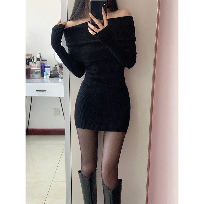 American retro sexy Spice Girls off-shoulder long-sleeved dress women's spring new slim-fitting and thin hip-wrapped short skirt