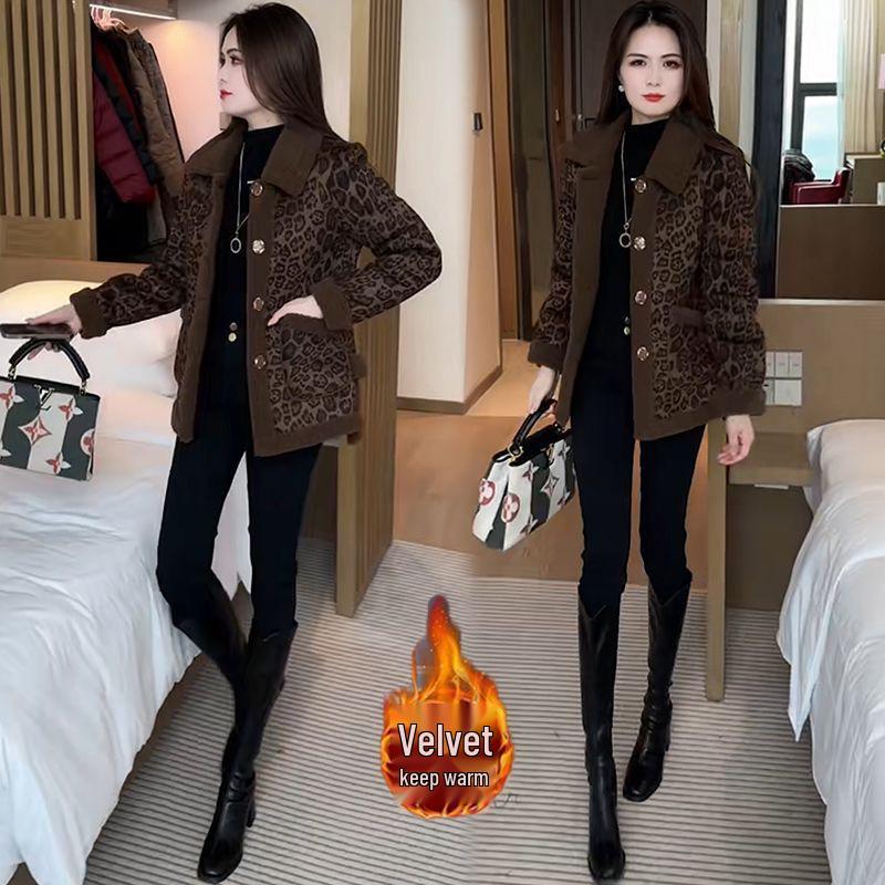 Fluffy 2025 Elegant Leopard Print Woolen Jacket - Women's Versatile Warm Top