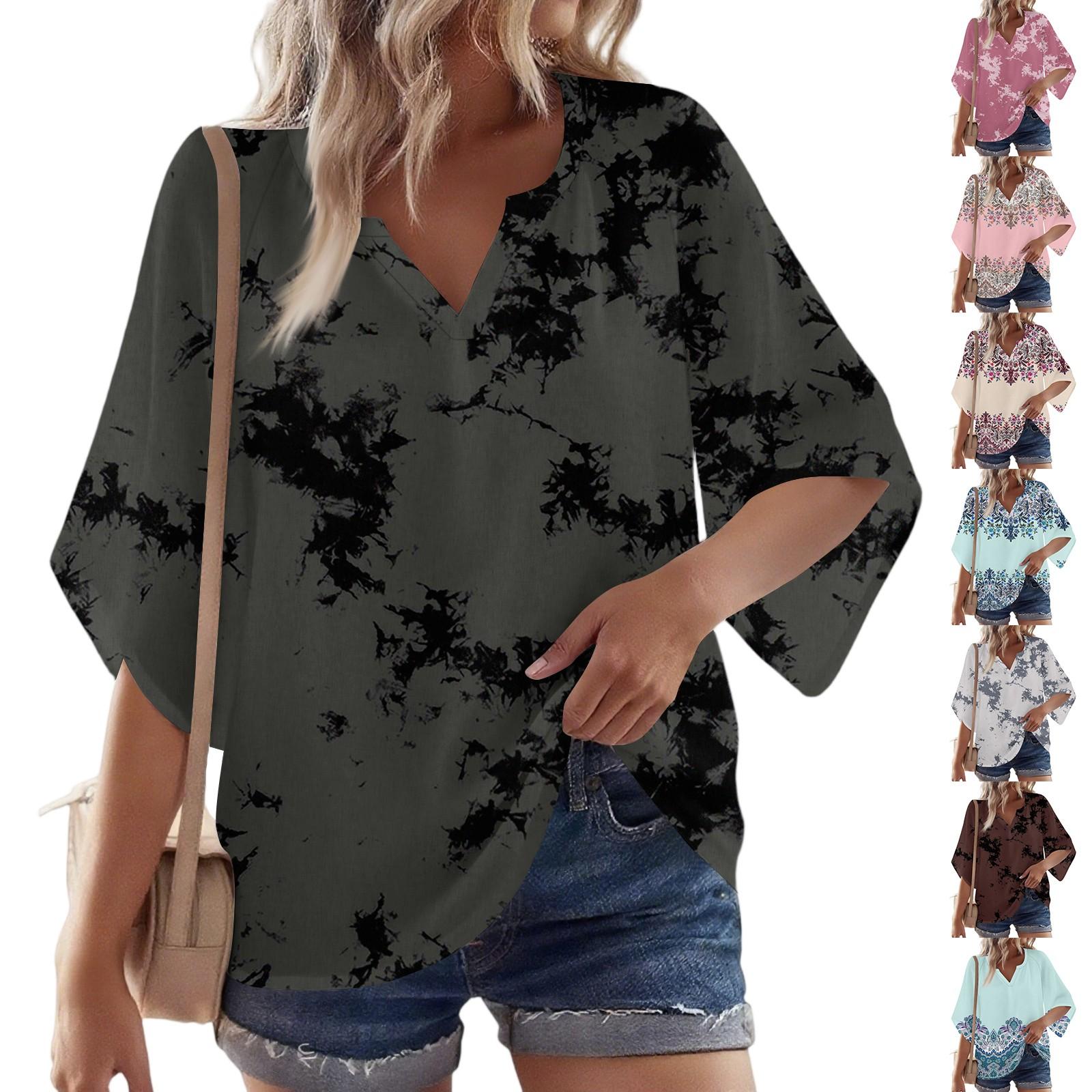 

Women s 3/4 Sleeve V Floral Shirt Casual Loose Tunic Top XXL