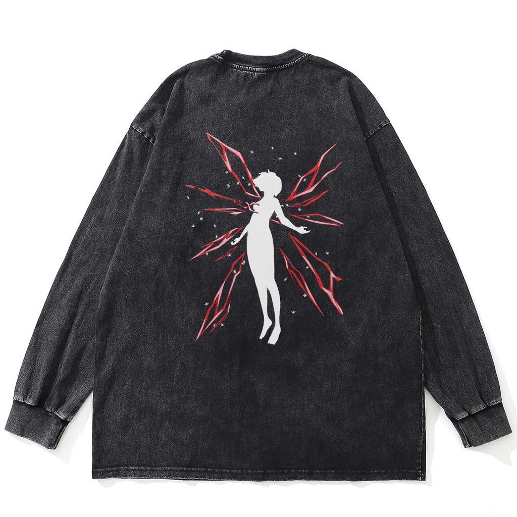 Streetwear Båda Sidorna Anime Grafik Tvättad Svart T-shirt Bomull Unisex Plus Storlek Långärmad T-shirt