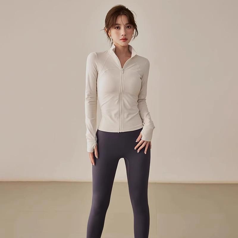 High-end white quick-drying clothes, thin sports jacket, women's running yoga stand-up collar, tight mountain climbing cycling clothes, long sleeves