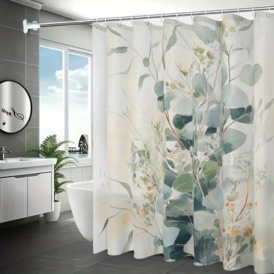 1pc Eucalyptus Leaf Shower Curtain Set with Hooks, HD Printing, Easy To Clean, Hole-free Installation, Bathroom Decoration