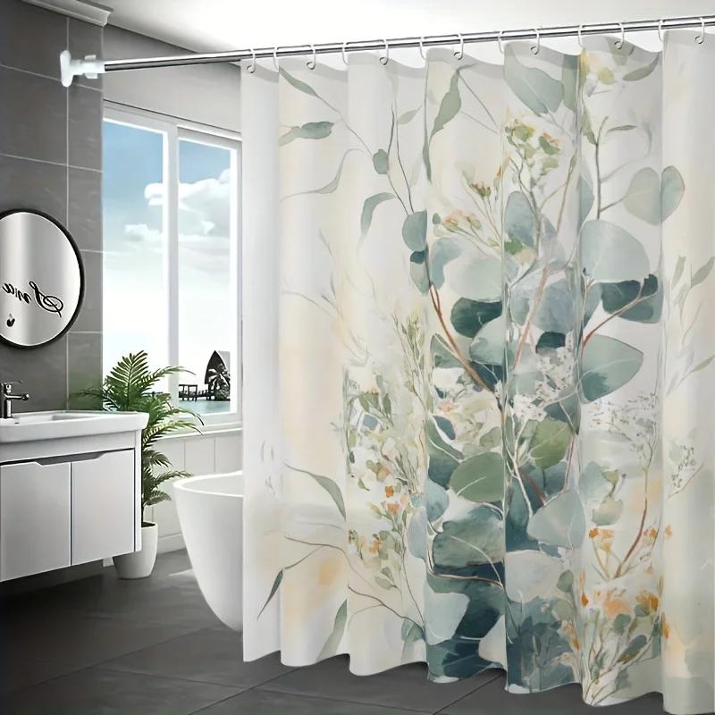 Pandara Jewelry 1Pc Eucalyptus Leaf Shower Curtain Set With Hooks, Hd Printing, Easy To Clean, Hole-Free Installation, Bathroom Decoration