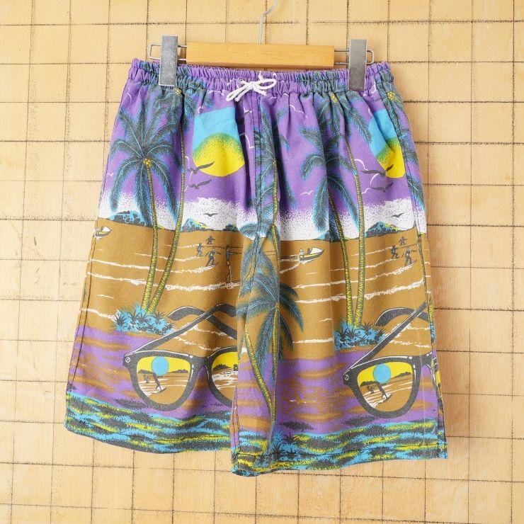 Used 80s 90s EURO Sunglasses All-over Pattern Surf Cotton Shorts Shorts Shorts Half Men's L Equivalent Purple Euro European Vintage Clothing