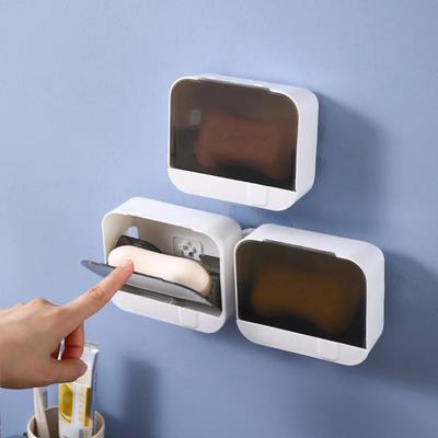 Bathroom Soap Holder Flip Lid Soap Storage Box Wall Mounted No Punch Soap Dish with Drain