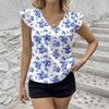 New European and American Women's Clothing, Women's Ruffle Edge Sleeves V-neck Printed Shirt