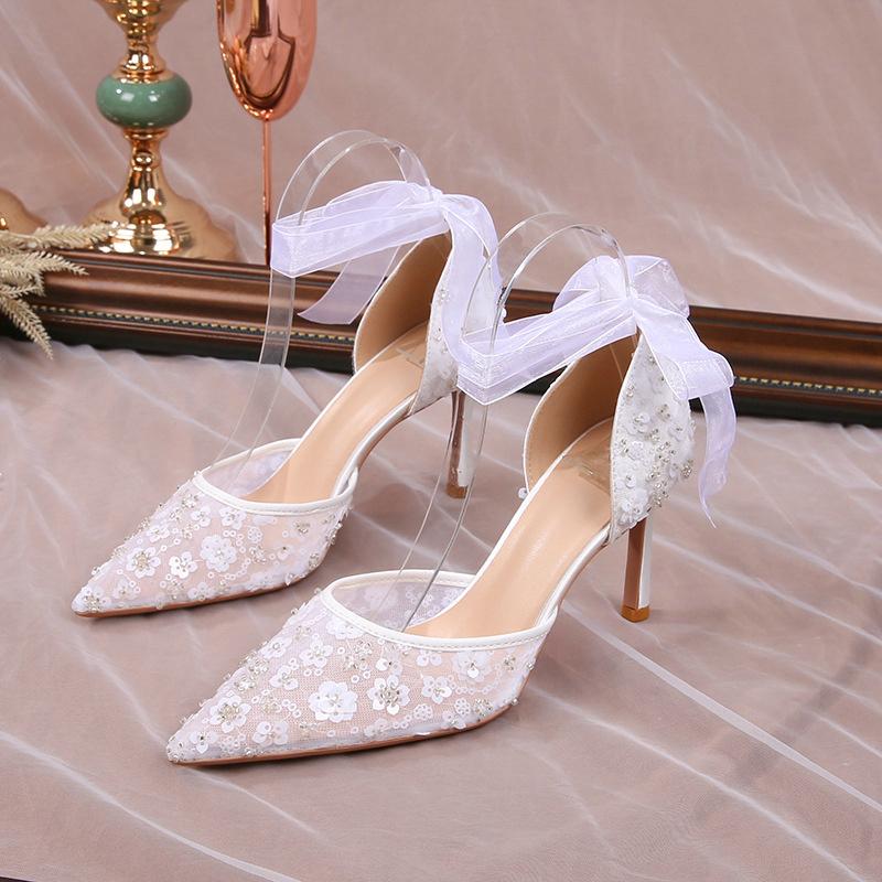 Fashion French Style White Wedding Shoes Small Luxury Feeling Baotou Sandals Female Summer Lace Mesh Hollow High Heel Bride Single Shoes