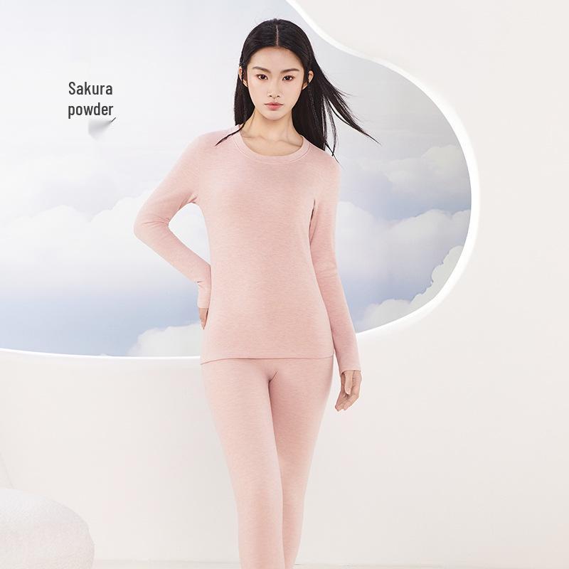 Cashmere Silk Round Neck Edged Antibacterial Fleece-Lined Women's Autumn Undershirt & Pants Set - Warm & Skin-Beautifying.