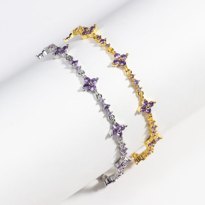 Gold Plated Amethyst CZ Four-Leaf Clover Tennis Bracelet – Luxury Purple Jewelry, Sparkle Gift for Women