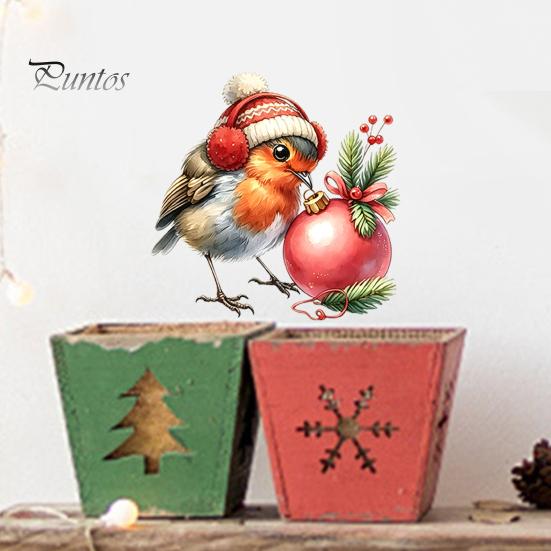 Indoor Outdoor Bird Decals Christmas Wall Sticker, Cute Watercolor with Wreath/Scarf/Hat/Ear Warmer, PVC Waterproof Creative Gifts for Home