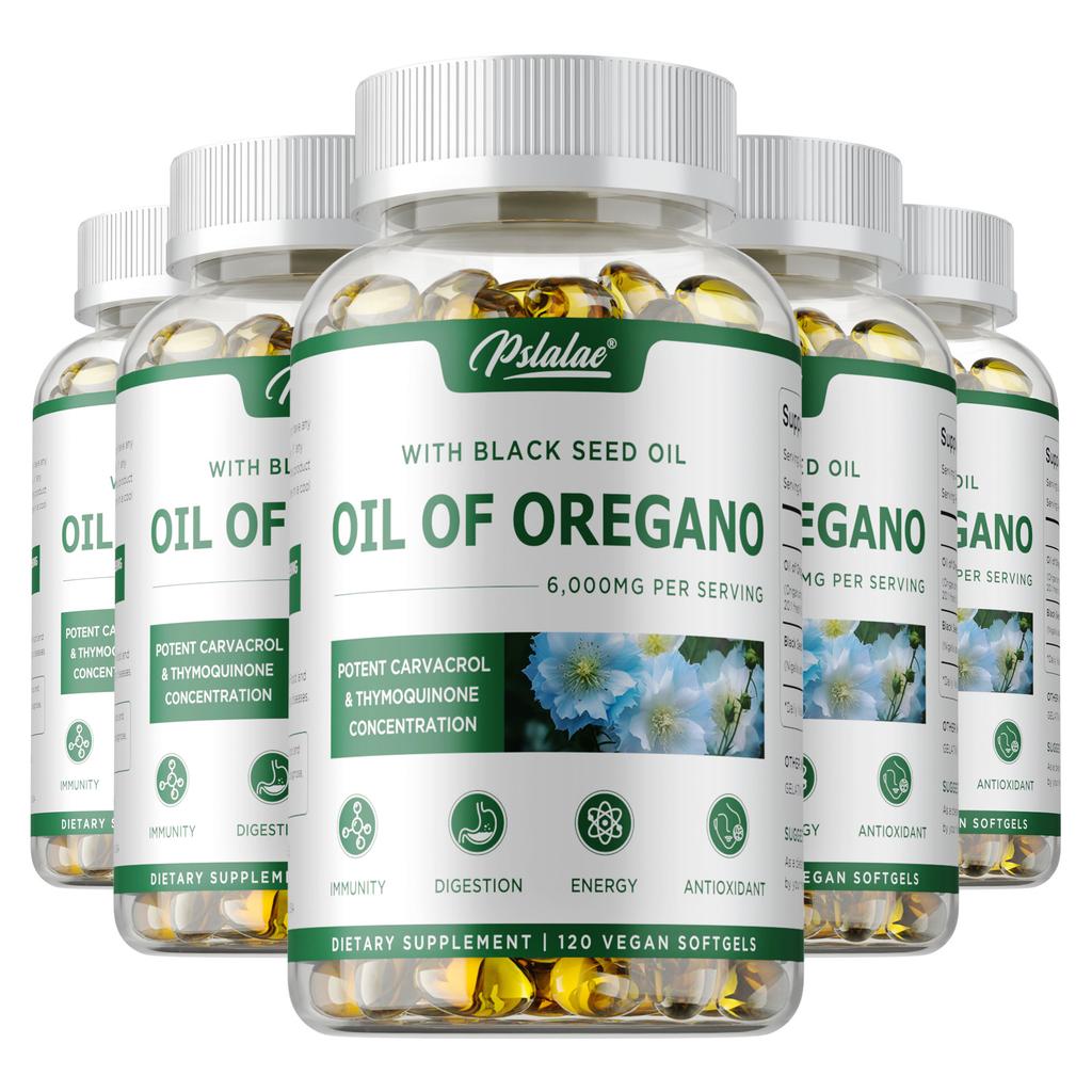 Capsule molli complesse di olio di origano, combinate con olio di semi neri, per la salute immunitaria, antiossidante e adatte agli adulti.