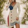 Women Criss Cross V Neck Long Sleeve Beige Printed Fitted Curved Hem Dress