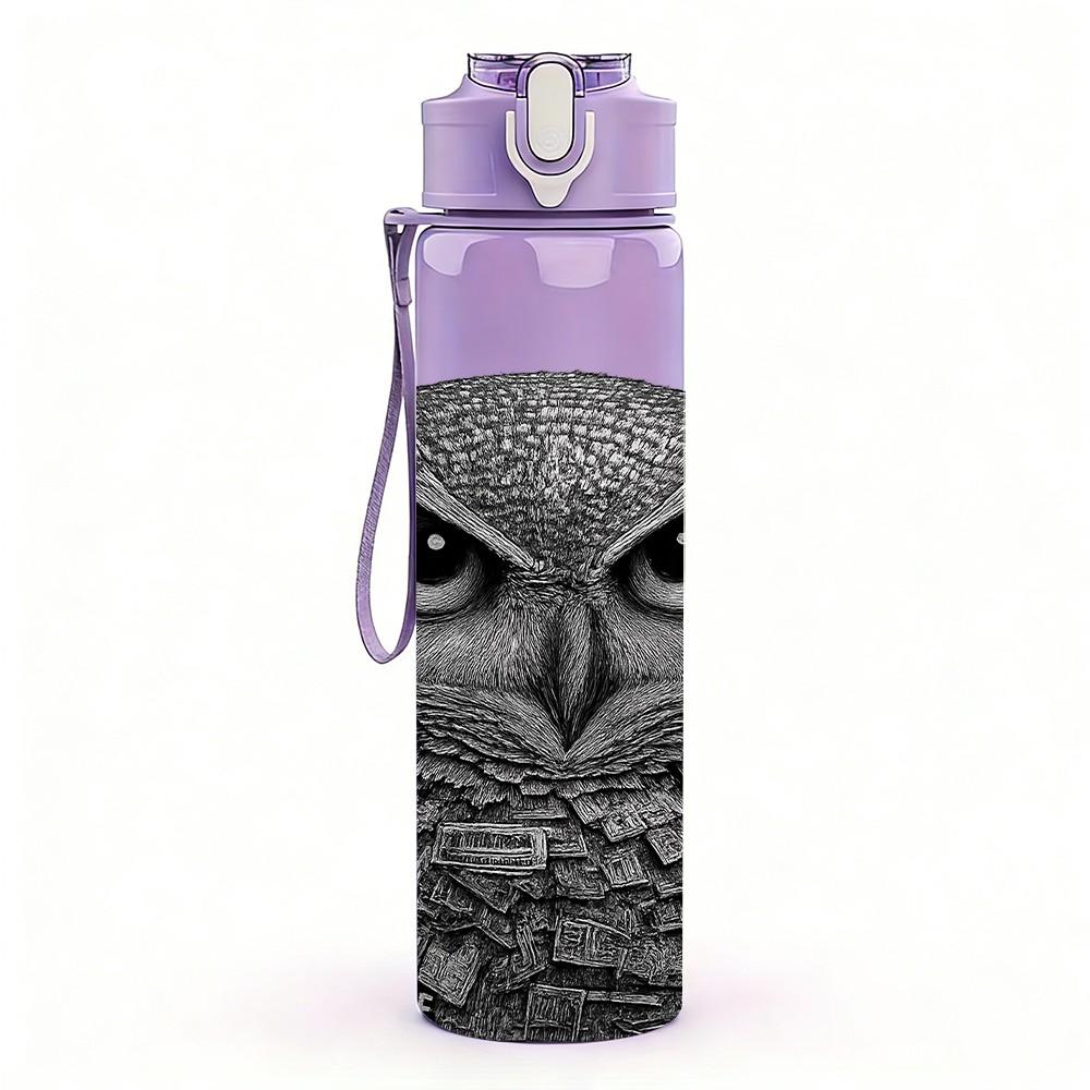 1PC Grey Owl Realistic Face Portrait Print 750ml Color Plastic Sports Water Bottle Leakproof Flip Straw Lid Suitable for Sports Office Home Use