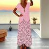 Women Plus Size V Neck Short Sleeve Maxi Dress Gradient Pink Leopard Print Loose Summer Beach Long Dress