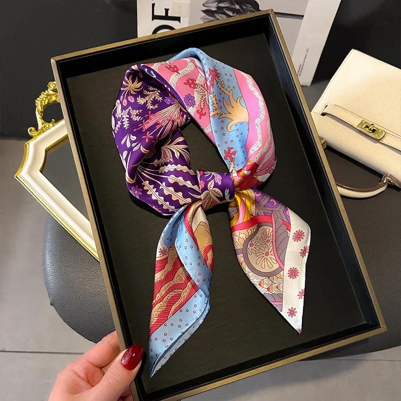 New Purple Luxury Floral Print Silk Square Scarf Women Soft Satin Hairband Hands Bag Ribbons Foulard Neckerchief Headband Hijab