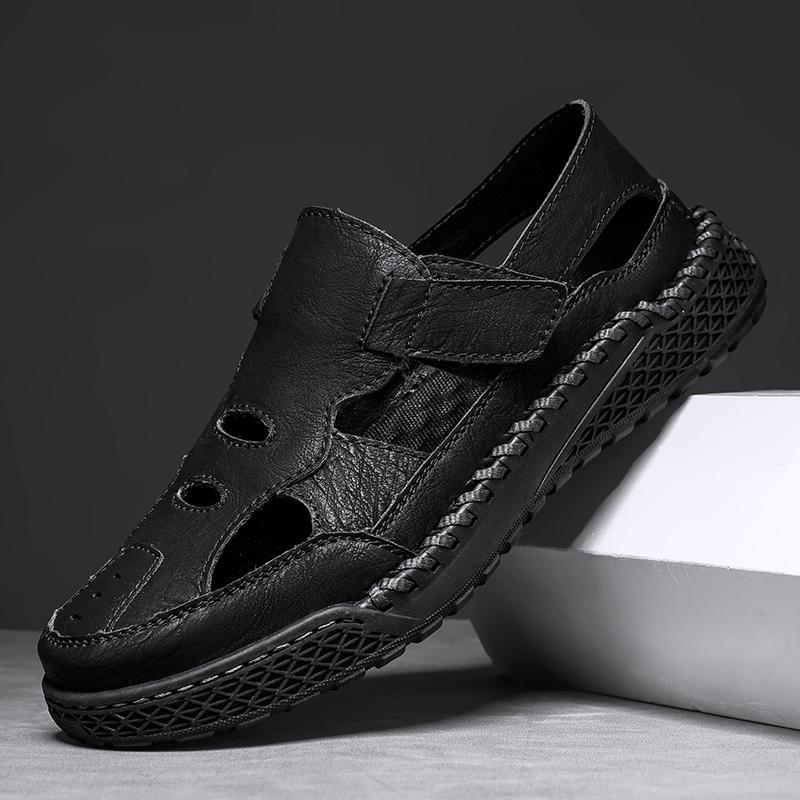 

new Brand Sandals Men s Comfortable Loafers Summer Man Hollow Out Men s Casual Shoes 2025 Trending Man s Leather Luxury Sandals 48 чёрный