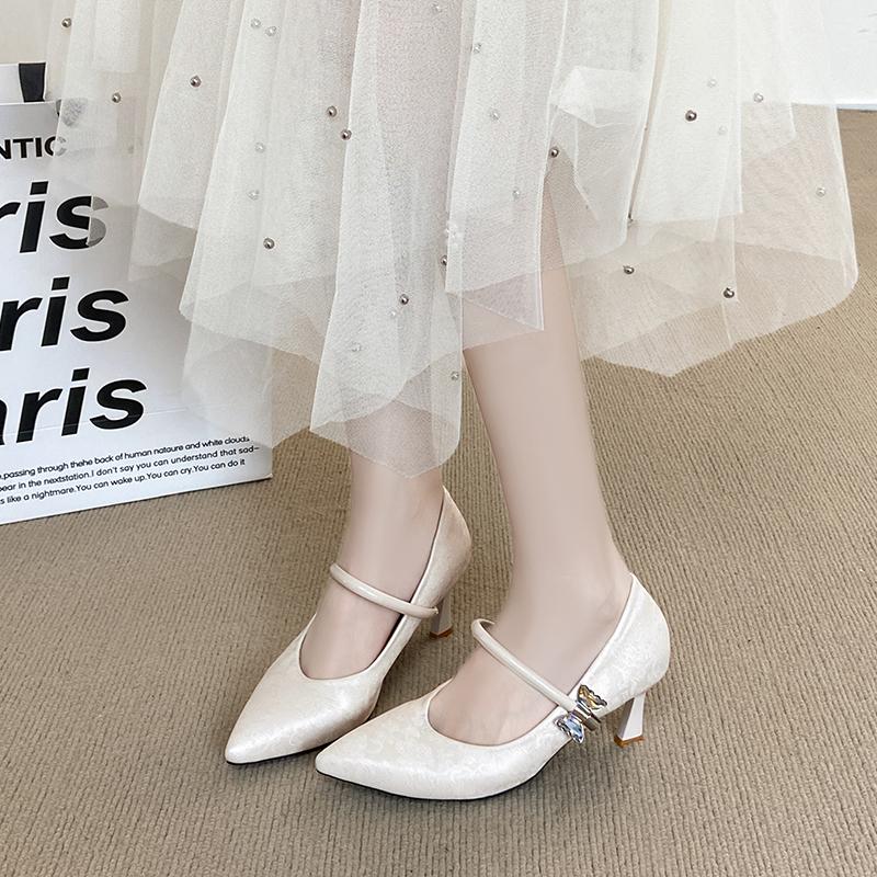 2025 New  Pointed Soft Leather Retro Temperament High Heels Women's New French Mary Jane Cat Heel Single Shoes