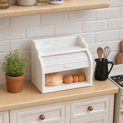 Miniature Cabinet with Breads, Tiny Rolling Shutter Cabinet, Realistic Mini Breads, Pretend Play Toys Furniture for 1/12 Scale Doll Mansion