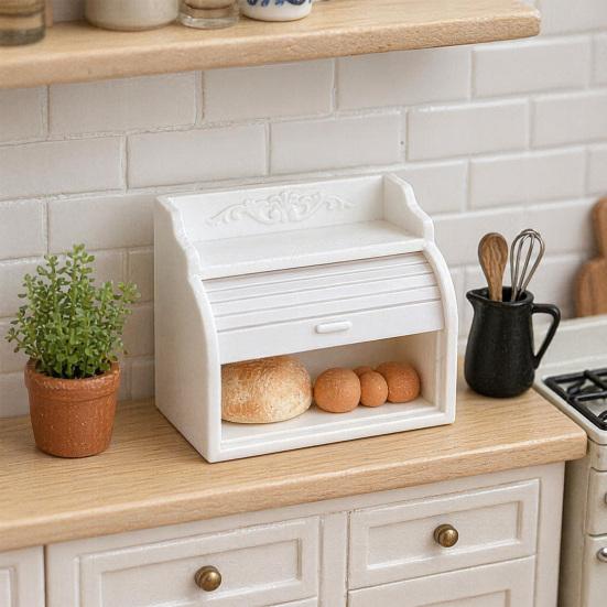 Miniature Cabinet with Breads, Tiny Rolling Shutter Cabinet, Realistic Mini Breads, Pretend Play Toys Furniture for 1/12 Scale Doll Mansion