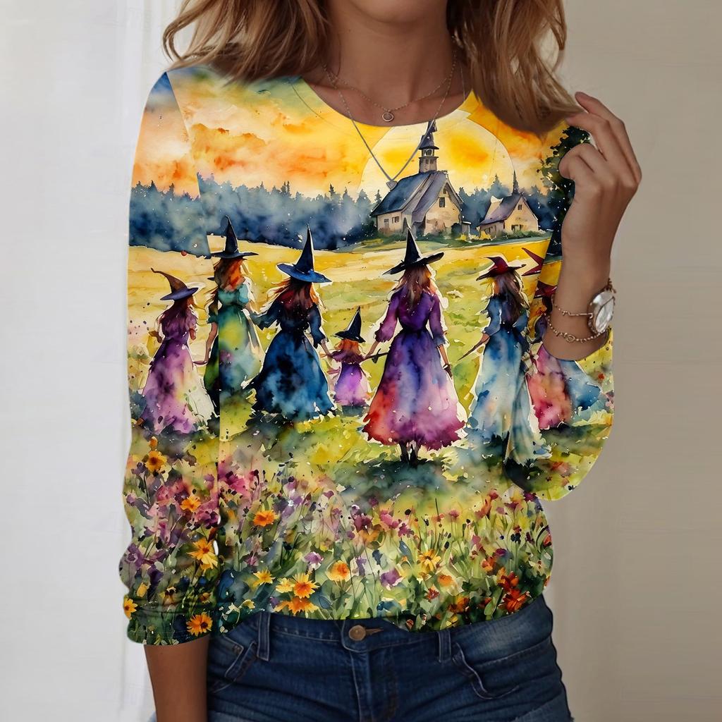Women's Halloween Print Oversized Long Sleeve Round Neck Top