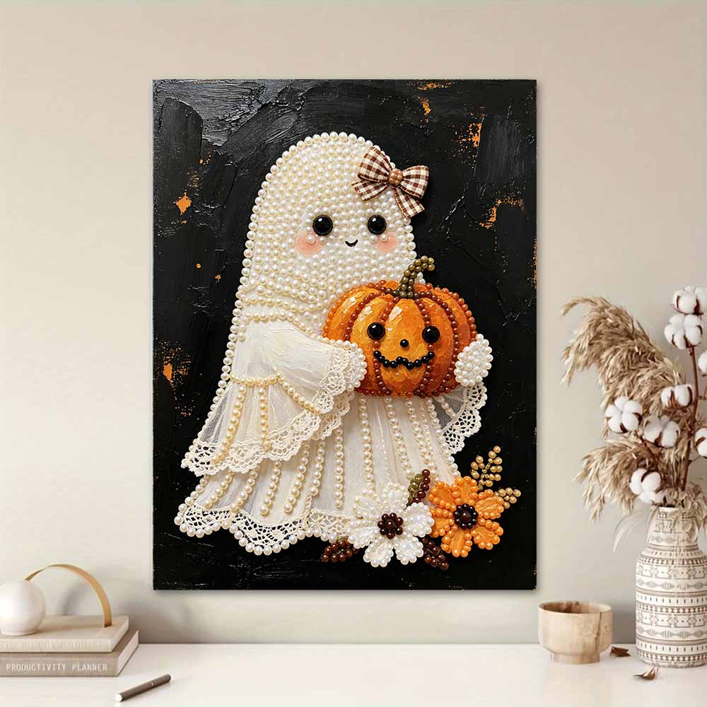 Frameless Pearl Bead Painting Kit Cute Ghost Pumpkin Design DIY Handmade Craft Canvas for Home Wall Decor Autumn Seasonal Gift Art