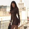 Women's European & American Pleated Patchwork Slim Fit Dress - Long Sleeve, Solid Color, Spring/Autumn Hip Wrap Design