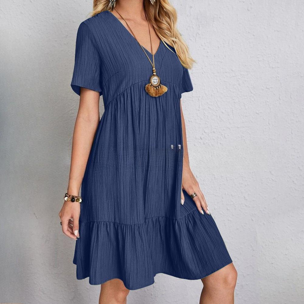 Vestito estivo casual mini da donna, scollo a V, manica corta, vita larga, tinta unita, con balze e pieghe, per signore
