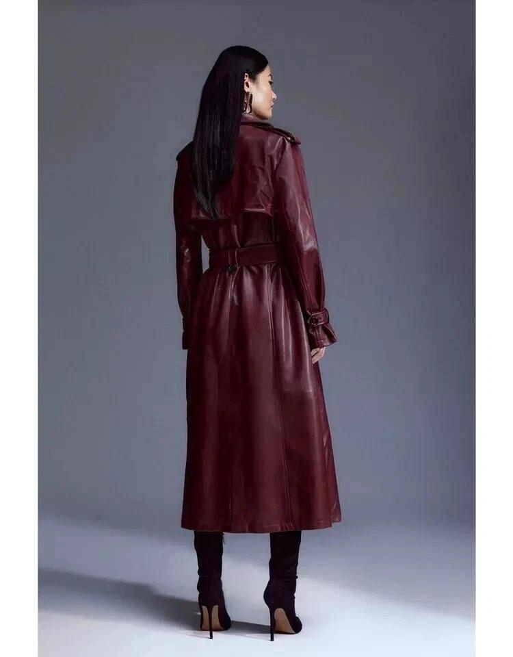 Trench Coat Handmade Lambskin Burgundy Genuine Leather Casual Soft Fit New Women