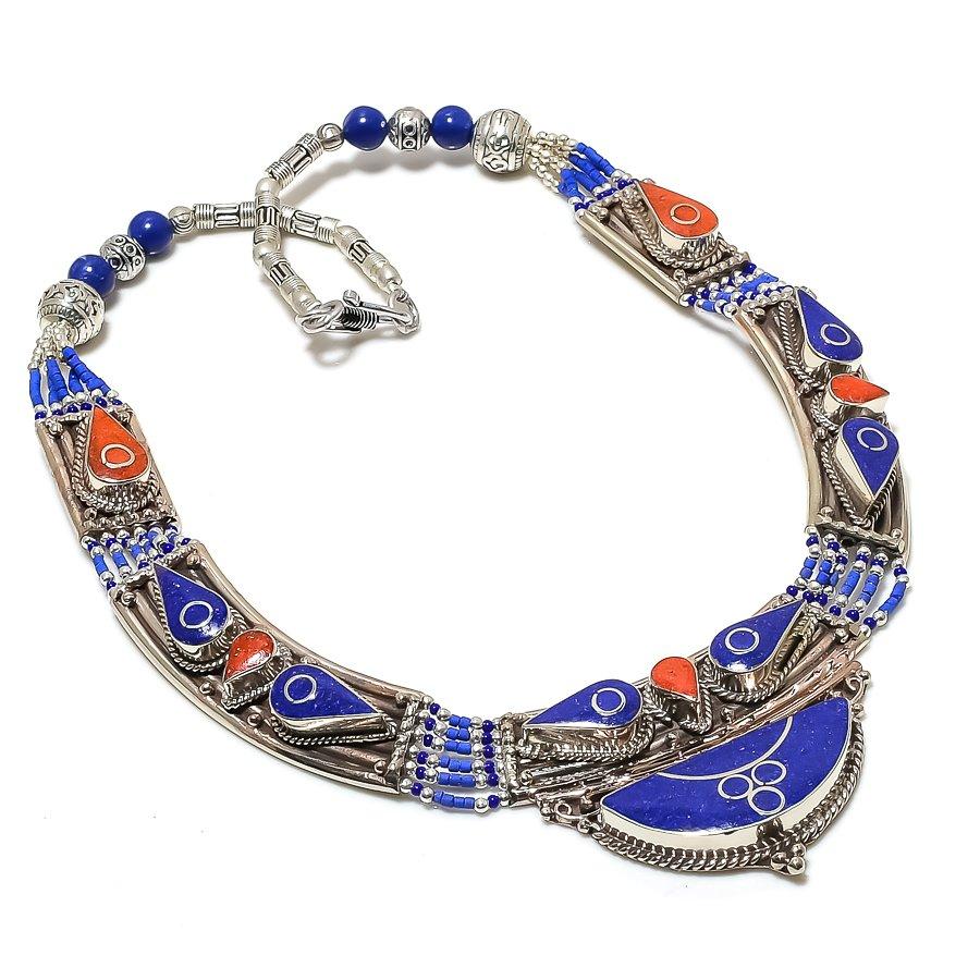 

Natural Lapis Lazuli, Coral Gemstone Handmade Jewelry Necklace 18 a2K79