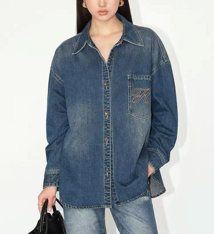 Retro denim shirt women's loose long-sleeved shirt jacket embroidered design sense niche casual top