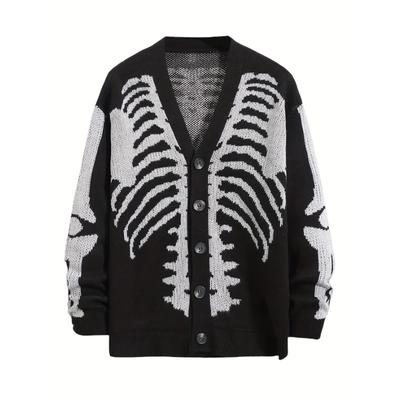 Cárdigan de punto largo para hombre, talla grande, hueco, estampado, con botones en V