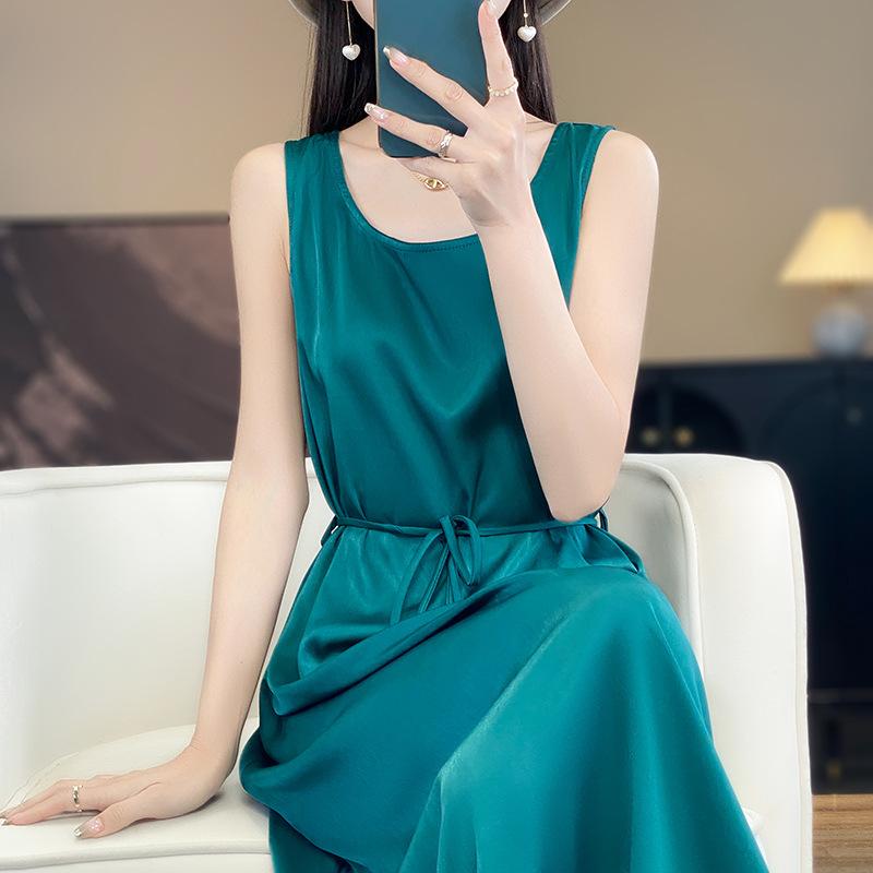 New Summer Acetate Satin Sleeveless U-neck Dress for Women Belt Vest Skirt Long Skirt Lace-up Base Skirt