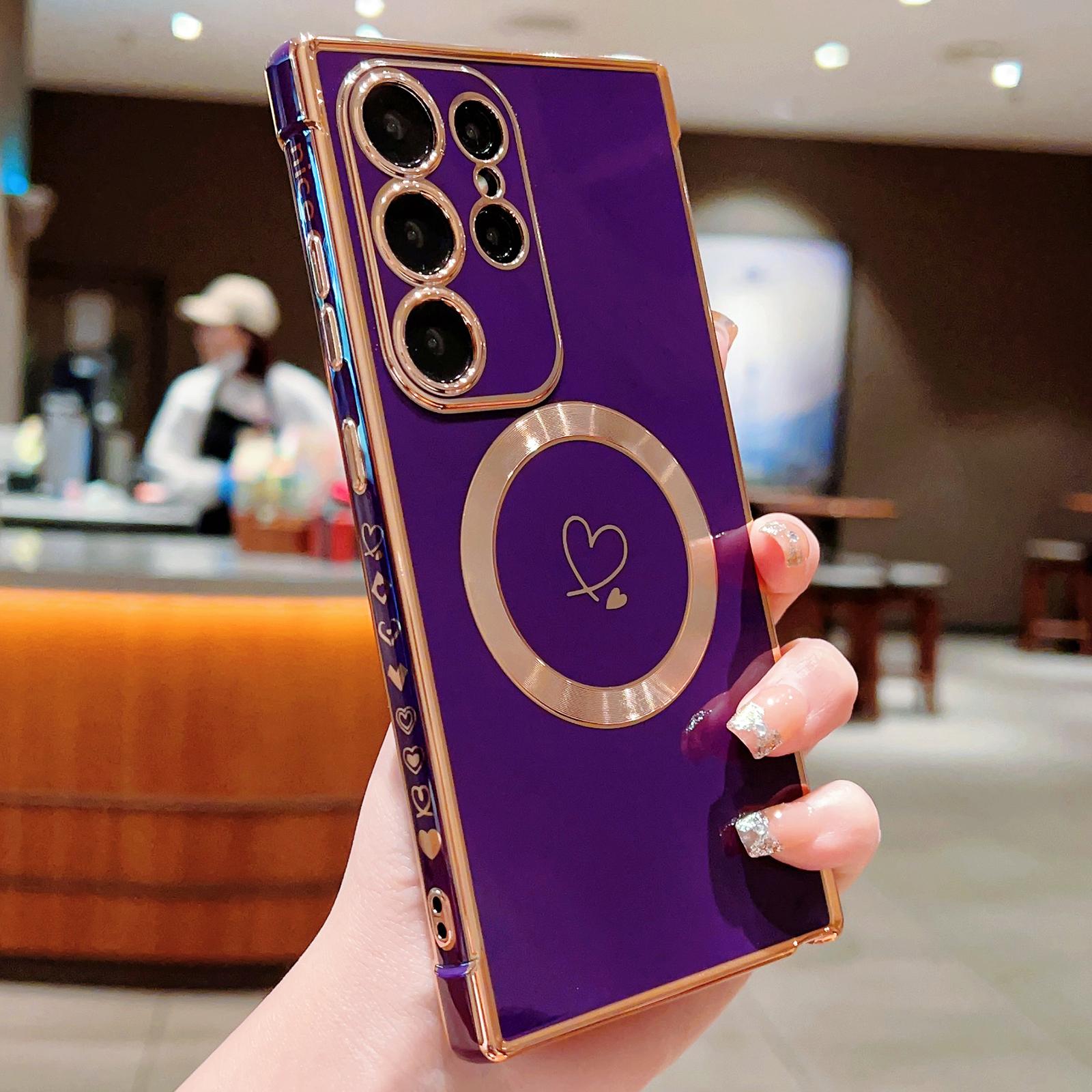 

For Samsung Galaxy S24 Ultra Case Compatible with MagSafe Electroplated TPU Phone Cover Hollow Love Hearts Dark Purple