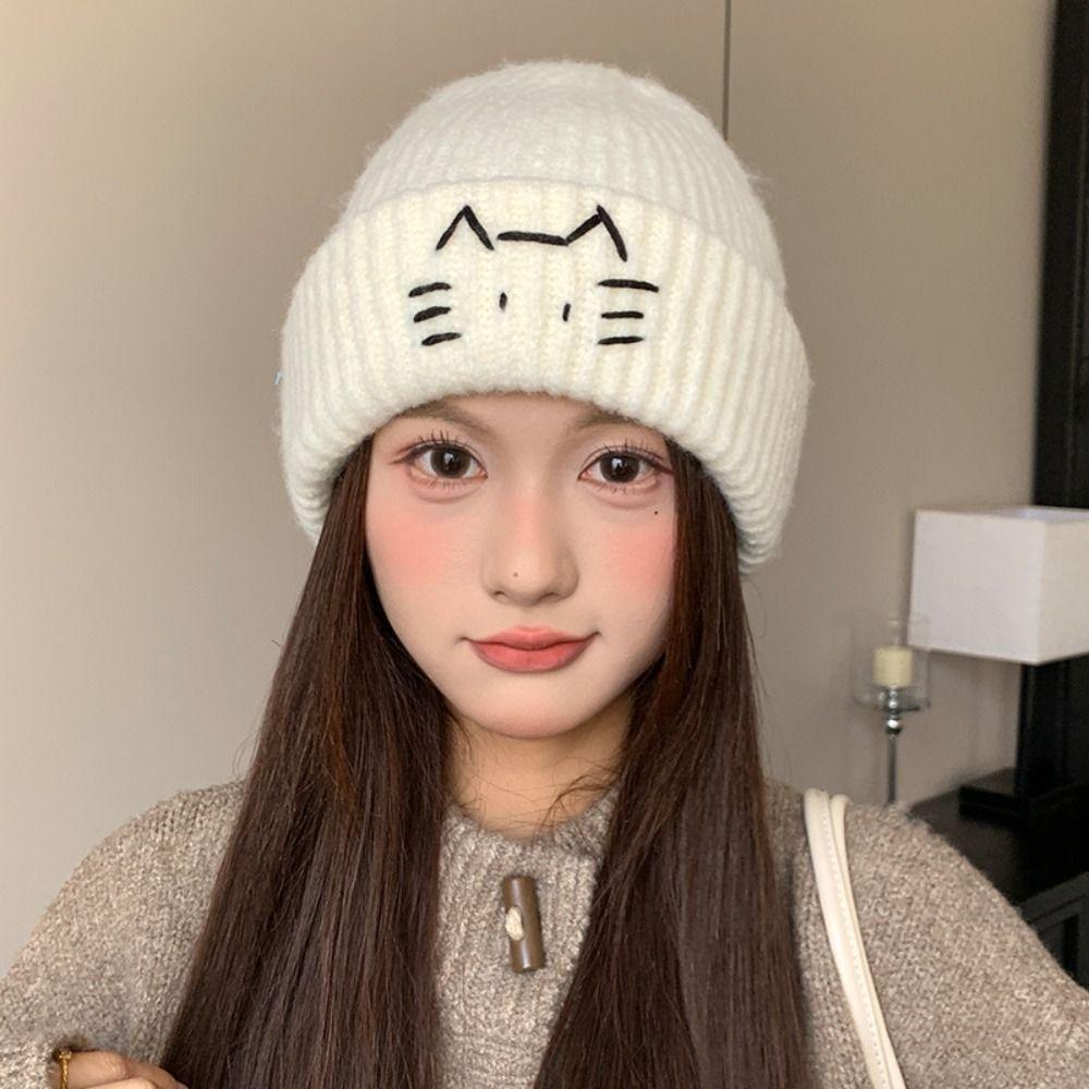 Embroidered Kitten Knit Beanies Wool Printing Knit Cap Retro Cute Cat Knitted Hat  Outdoor