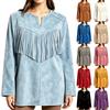 Women's Color Tassel Lapel Collar Long Sleeve Loose Fit Mid-Length Tunic Top