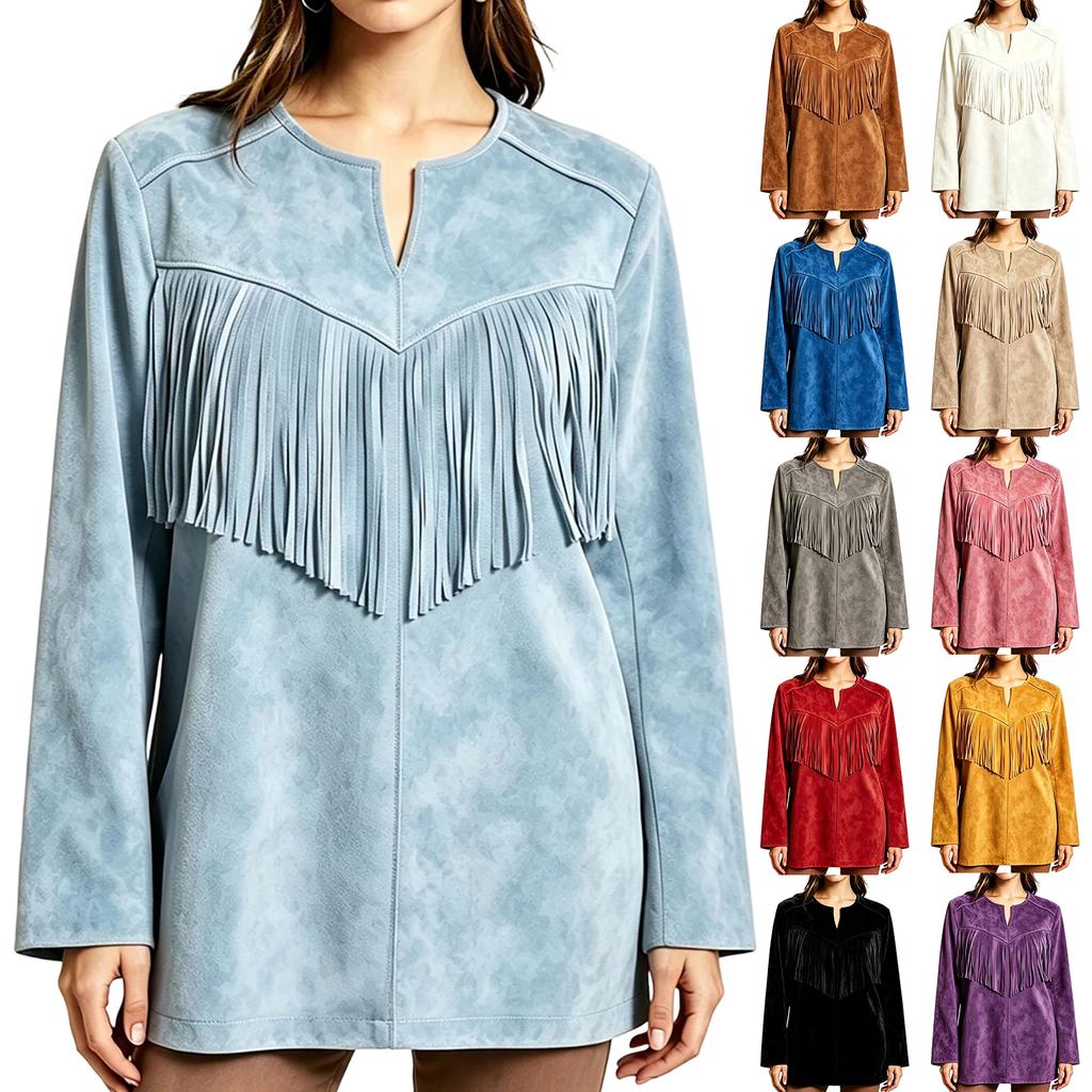 Women's Color Tassel Lapel Collar Long Sleeve Loose Fit Mid-Length Tunic Top