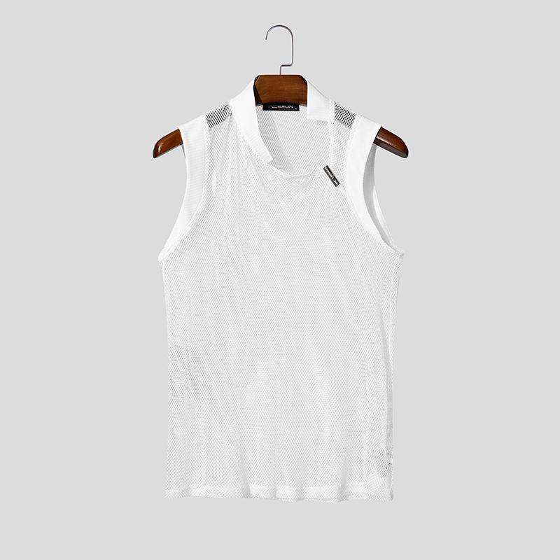 INCERUN Men Cutout Neck Sleeveless Mesh See Through Stitching Tank Tops M белый