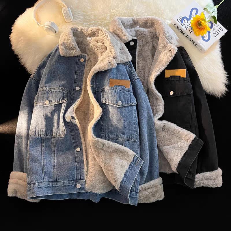 Men's American Retro Lambswool Denim Jacket - Thick, Warm, Loose Fit, Trendy Winter Style