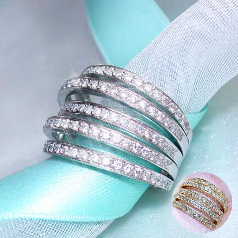Fashion Luxury Women'S Ring, Five-Line Zircon Copper Ring Party Ball Accessories