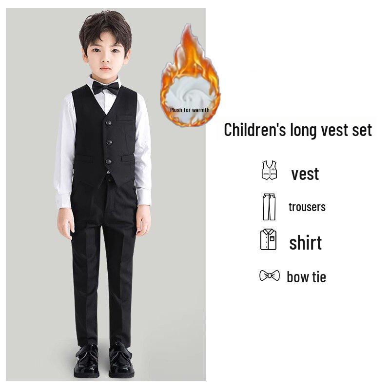 Boy's Formal Ensemble: Fleece White Shirt, Black Suit Pants, Vest, Page Boy Overalls, Performance Costume