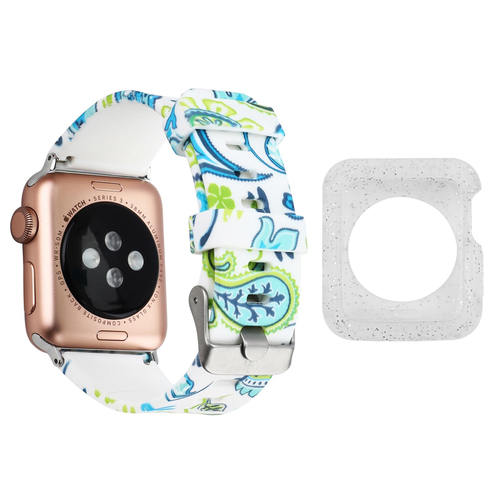 

For Apple Watch Series 1/2/3 42mm Silicone Watchband with Silver TPU Case,Pattern Printed Watch Strap Style F
