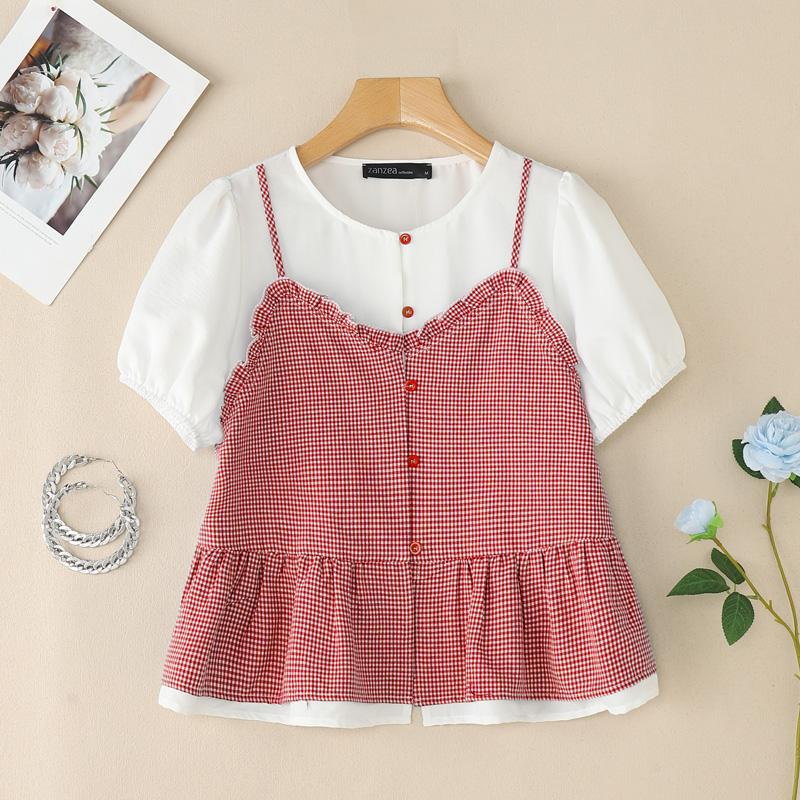 

ZANZEA Женская летняя блузка с круглым вырезом, в клетку, пэчворк, с коротким рукавом L красный