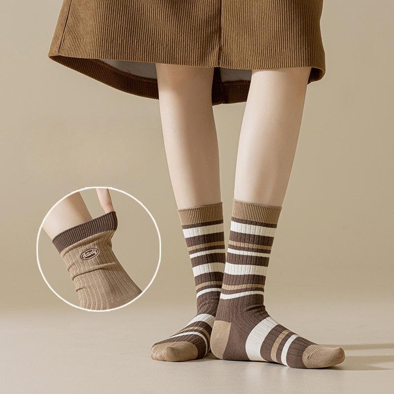 5 Pairs of Mid-calf Socks, Women's Autumn and Winter Double-needle Cotton Socks, Striped Women's Combed Cotton Pile Socks