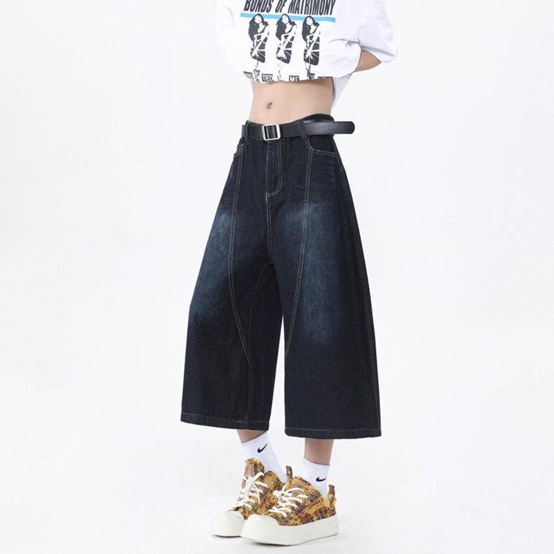 

Retro Punk Letter Embroidery Denim Wide-Leg Shorts S